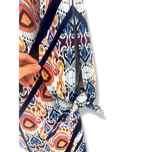 Chico's Size 2 = Large/12 Ikat Multi-Color Print V-Neck Tie-Sleeve Shift Dress - Picture 3 of 8